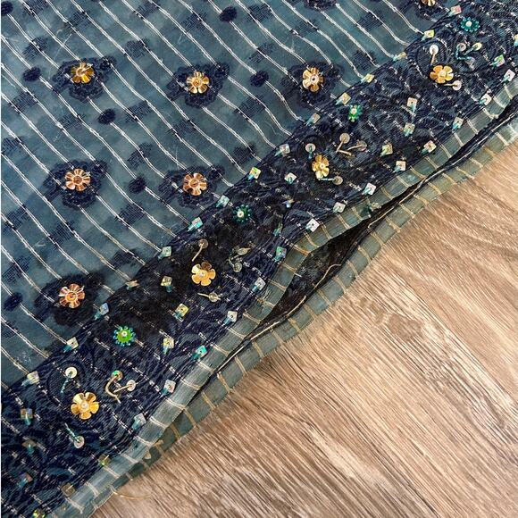 Vintage Beaded Sheer Tablecloth or Textile Panel Teal Mesh Sequin Floral 42x80 - Picture 4 of 6